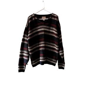 Vintage Woolrich Mens sz Large Striped Red Beige Black Wool Blend VNeck Sweater